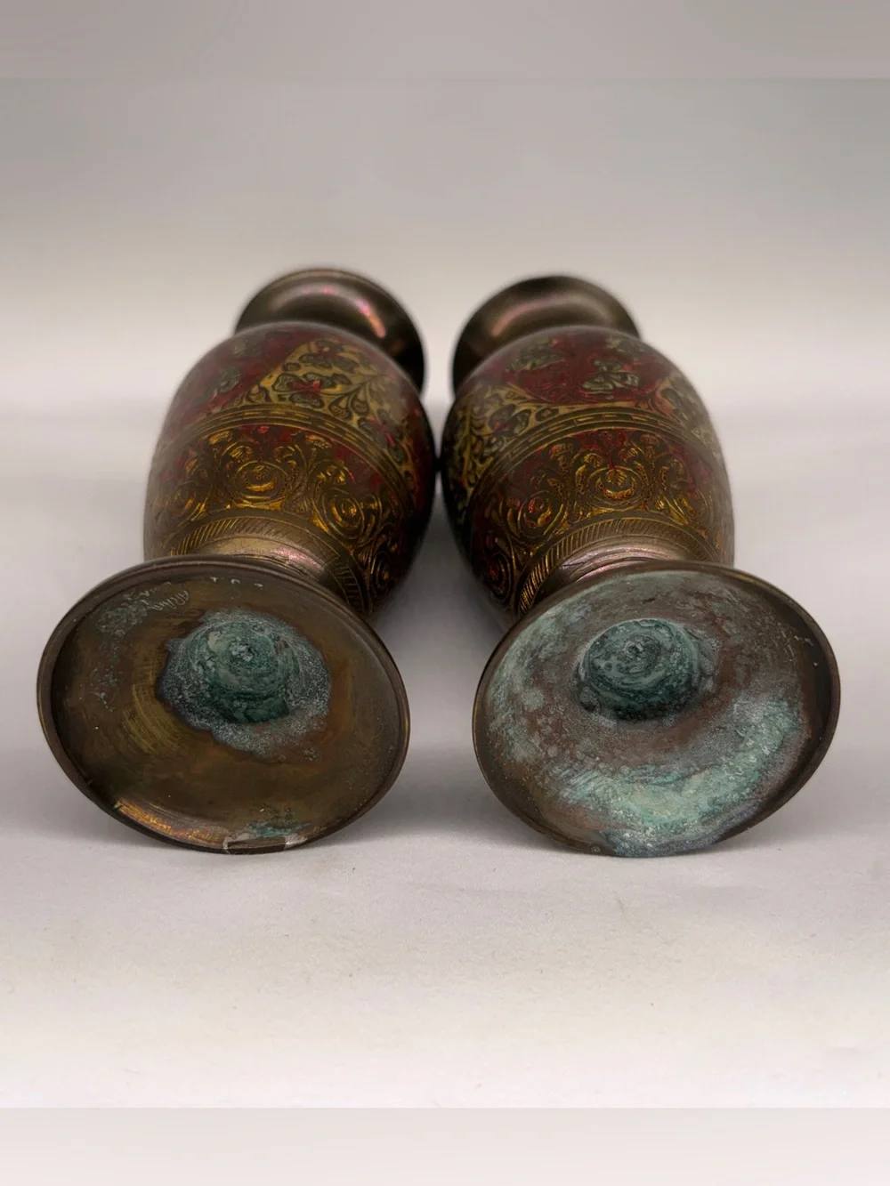 Vintage Etched Brass Enamel Floral Vases Pair Made in India Boho Decor Set of 2